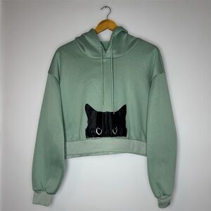 SHEIN Mint Green Hoodie with Black Cat Design
